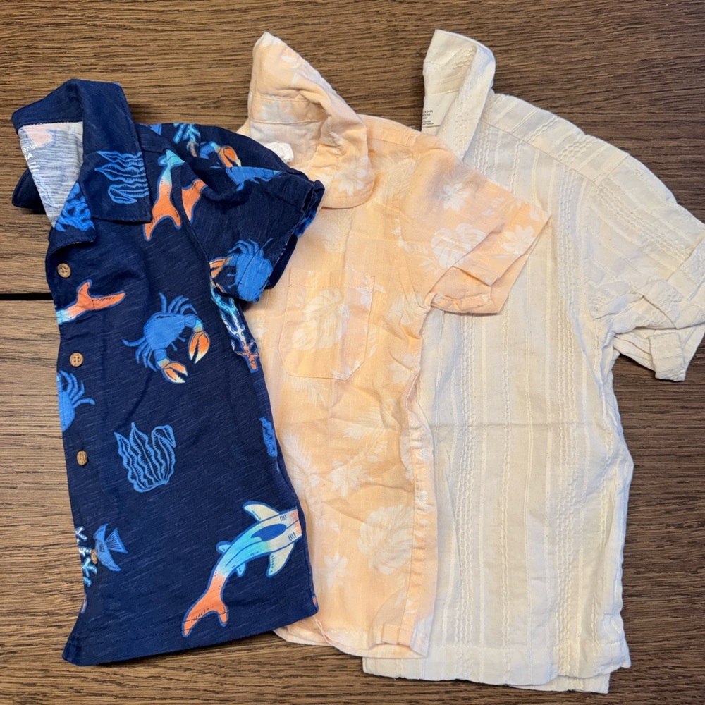 Kids Ocean and Floral Print Shirt Trio - Navy, Peach, Cream